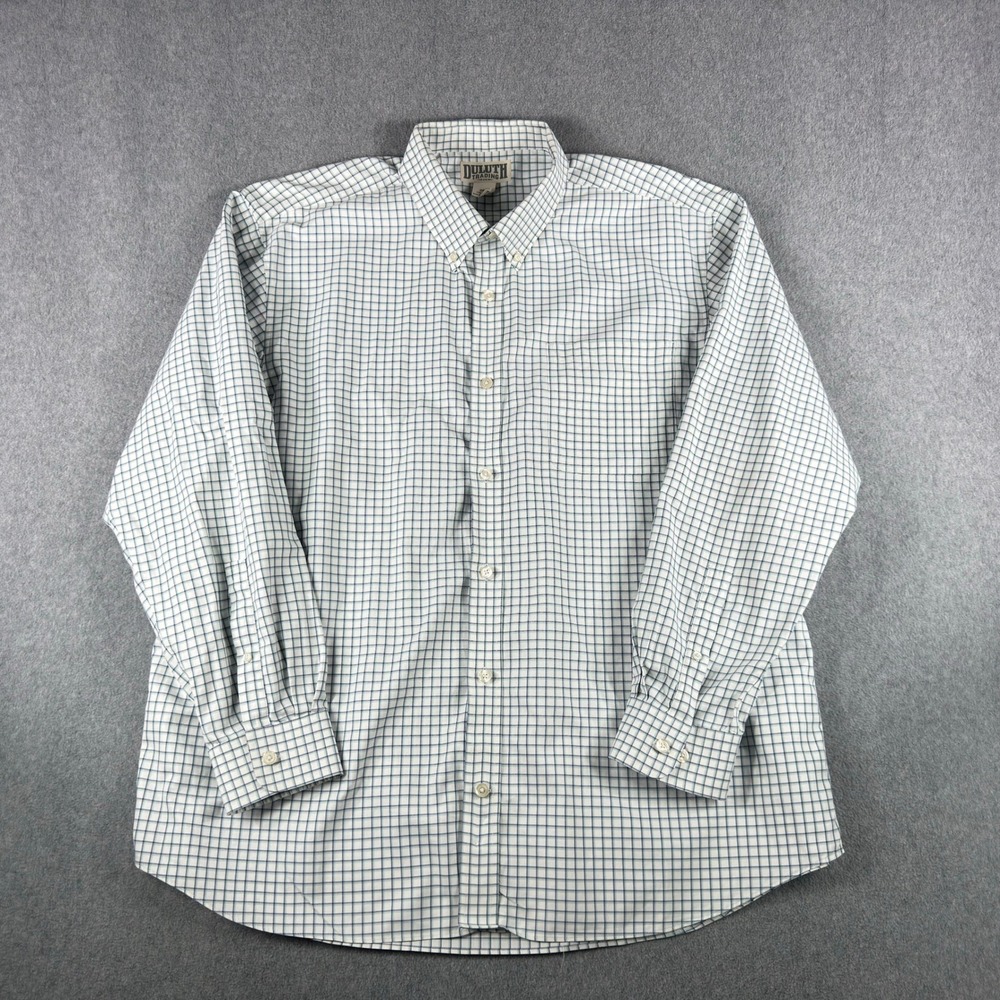 Duluth Trading Co Shirt Mens 2XL White‎ Blue Check Button Down Long Sleeve